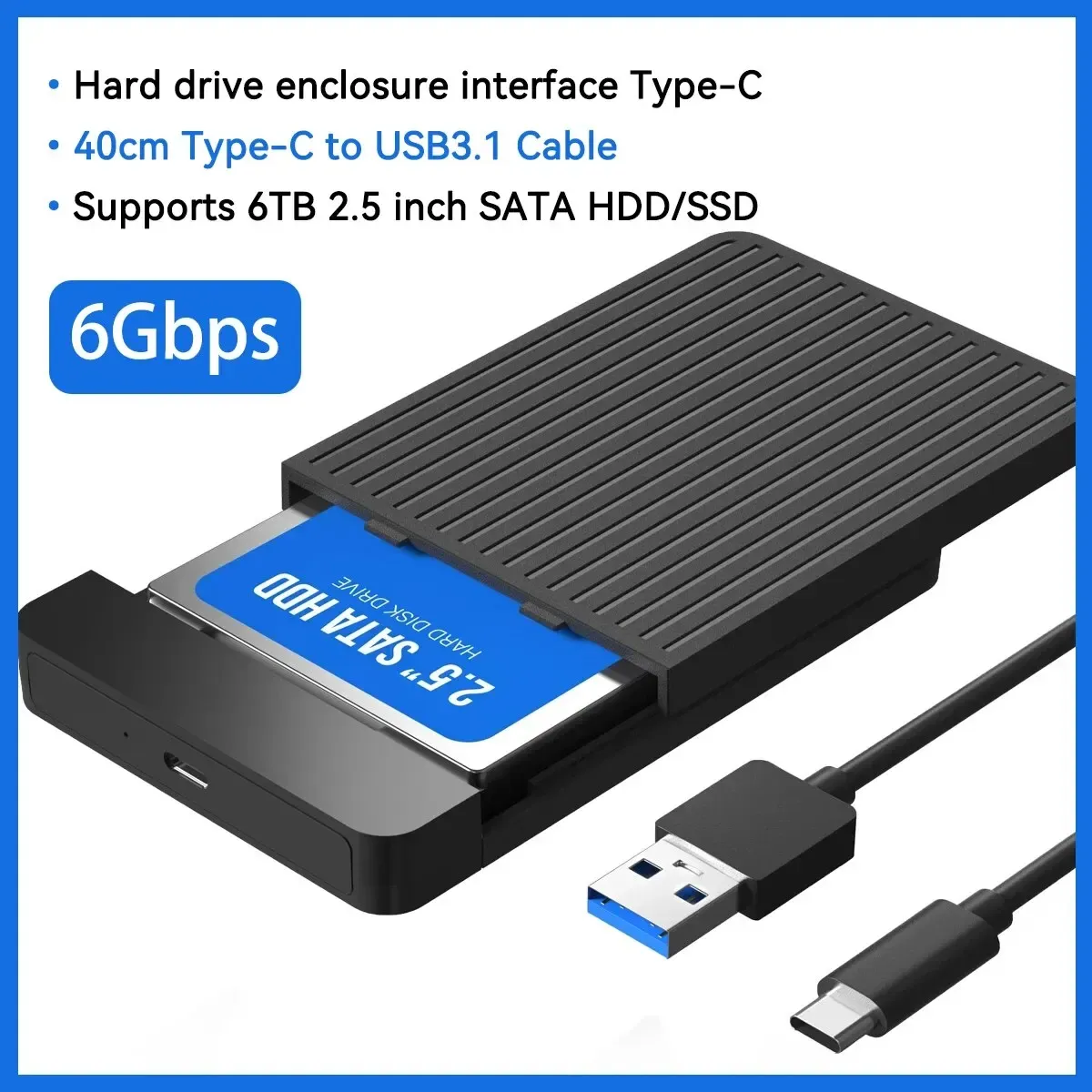 Boîtier adaptateur 2,5 pouces HDD/SSD SATA vers USB 3.1/3.0, boîtier de disque dur externe 6 Gbps à connecteur USB-C 8