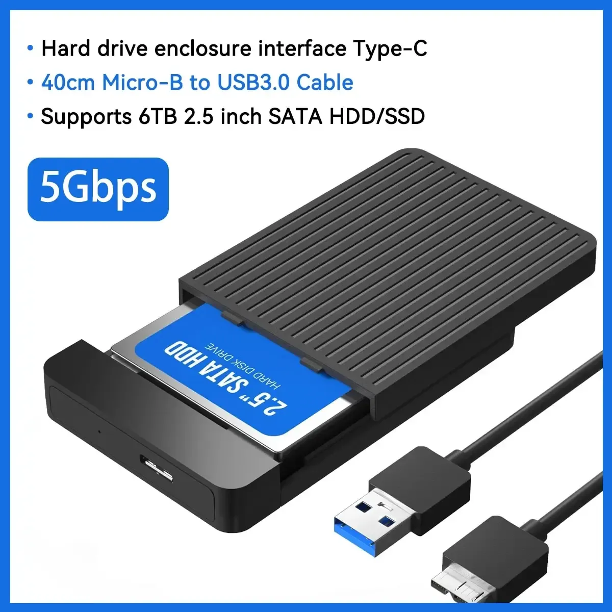 Boîtier adaptateur 2,5 pouces HDD/SSD SATA vers USB 3.1/3.0, boîtier de disque dur externe 6 Gbps à connecteur USB-C 7