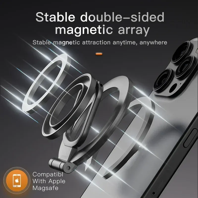 Support de téléphone magnétique double face avec anneau et béquille pour iPhone MagSafe 12 à 16, Pro Max, compatible support de voiture 4