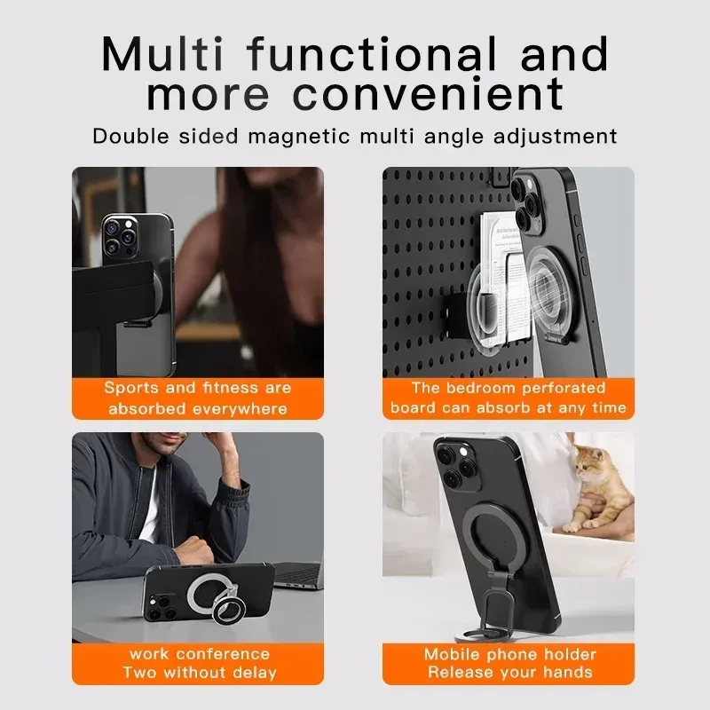 Support de téléphone magnétique double face avec anneau et béquille pour iPhone MagSafe 12 à 16, Pro Max, compatible support de voiture 6
