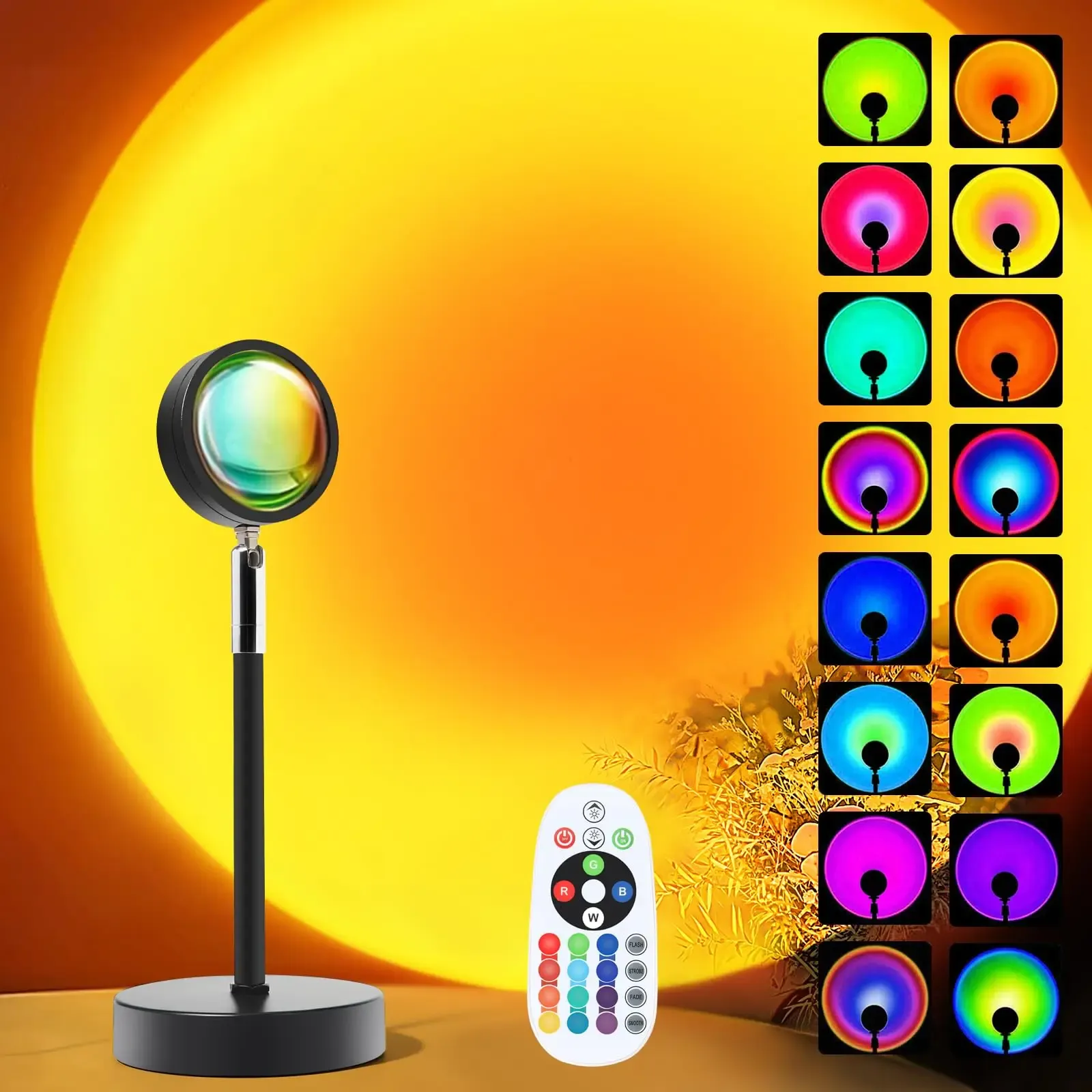 Projecteur de coucher de soleil, veilleuse LED multicolore à 16 couleurs changeantes, lampe de photographie pour selfie, décoration de fête et idée cadeau de Noël pour femme