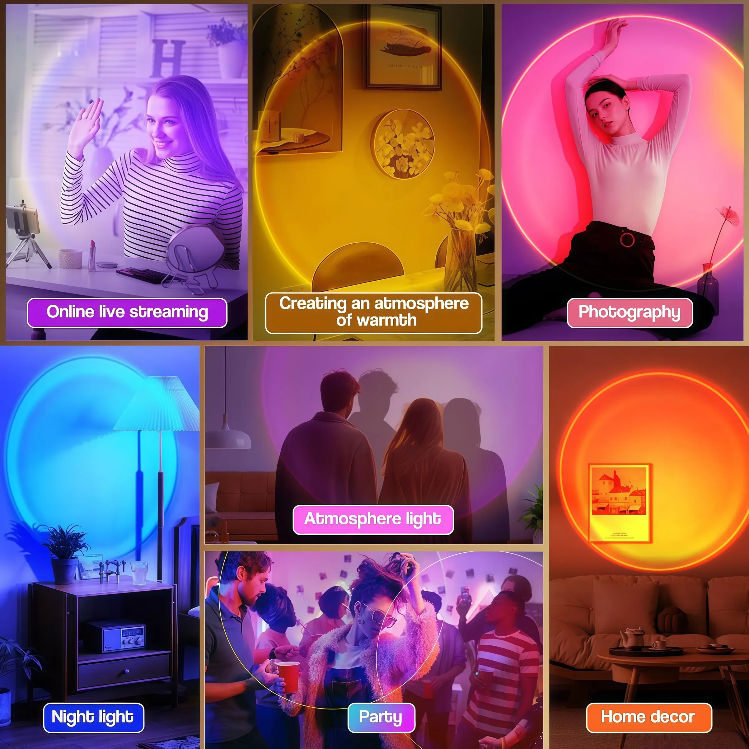 Projecteur de coucher de soleil, veilleuse LED multicolore à 16 couleurs changeantes, lampe de photographie pour selfie, décoration de fête et idée cadeau de Noël pour femme 5