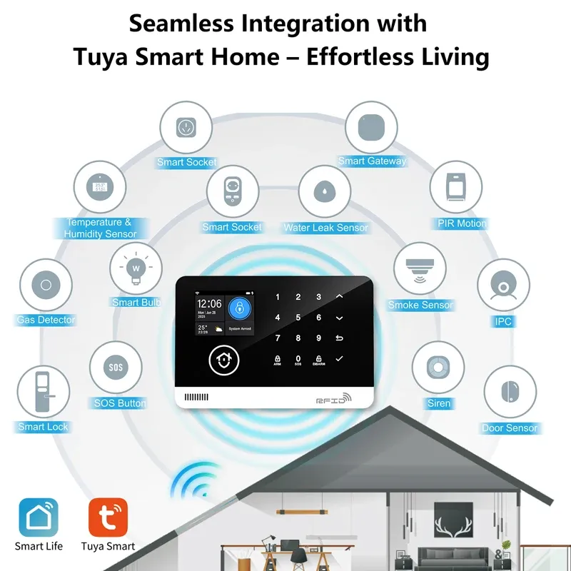Tuya – Système d'alarme de sécurité intelligent pour la maison, Wi-Fi et GSM, clavier tactile, badge RFID, contrôle par application, volume réglable 3