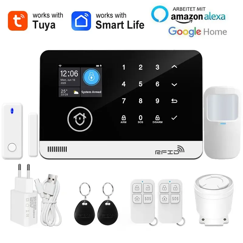 Tuya – Système d'alarme de sécurité intelligent pour la maison, Wi-Fi et GSM, clavier tactile, badge RFID, contrôle par application, volume réglable 12