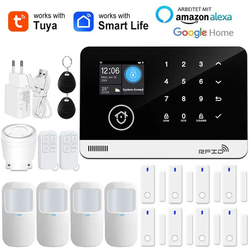 Tuya – Système d'alarme de sécurité intelligent pour la maison, Wi-Fi et GSM, clavier tactile, badge RFID, contrôle par application, volume réglable 10