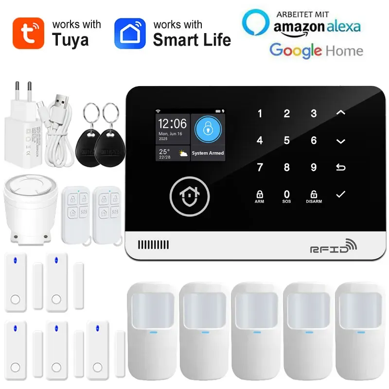 Tuya – Système d'alarme de sécurité intelligent pour la maison, Wi-Fi et GSM, clavier tactile, badge RFID, contrôle par application, volume réglable 11