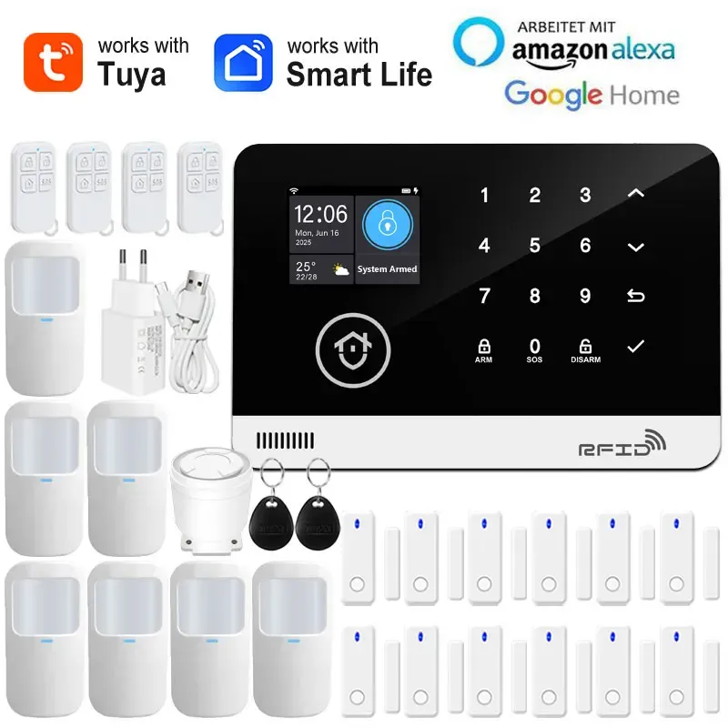 Tuya – Système d'alarme de sécurité intelligent pour la maison, Wi-Fi et GSM, clavier tactile, badge RFID, contrôle par application, volume réglable 8