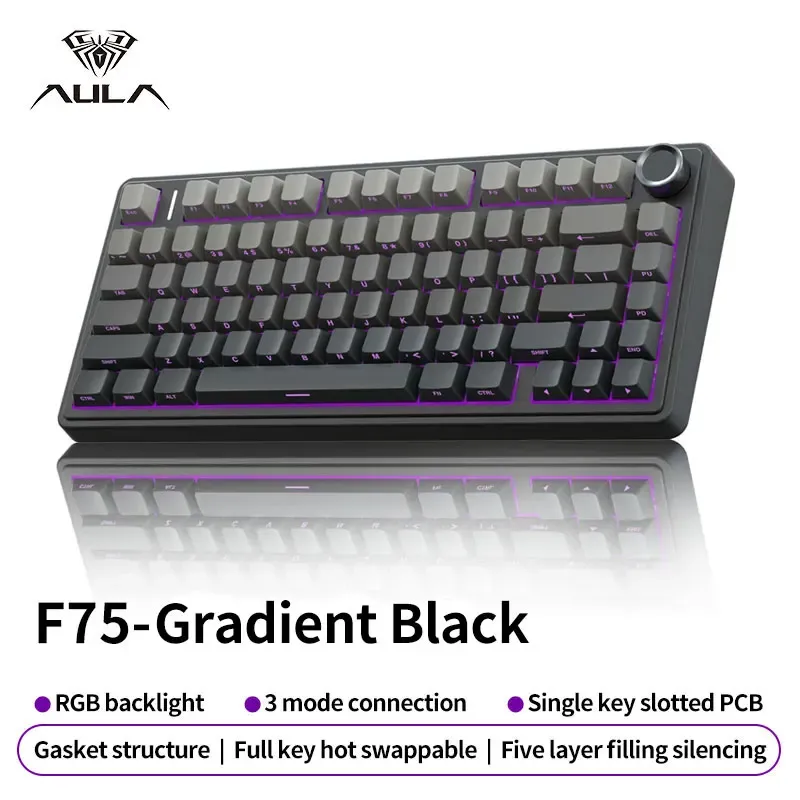 Clavier mécanique de jeu AULA F75 RGB personnalisé, disposition 75 %, gravure latérale, montage à joint, 80 touches, touches PBT dégradées