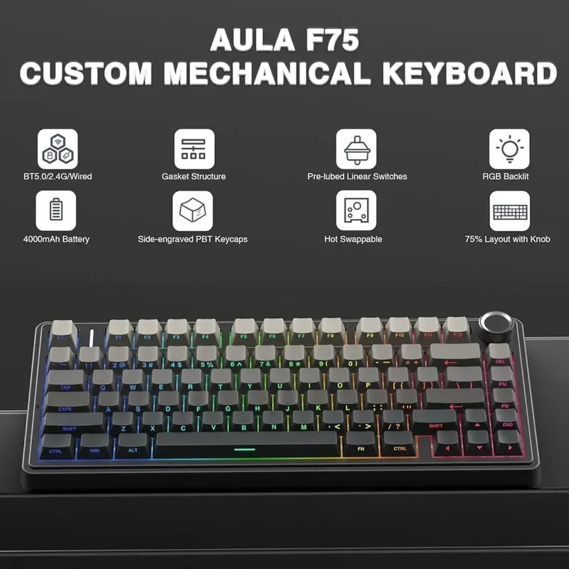 Clavier mécanique de jeu AULA F75 RGB personnalisé, disposition 75 %, gravure latérale, montage à joint, 80 touches, touches PBT dégradées 2
