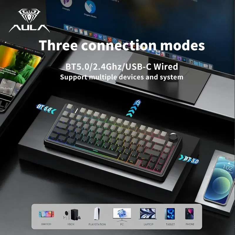 Clavier mécanique de jeu AULA F75 RGB personnalisé, disposition 75 %, gravure latérale, montage à joint, 80 touches, touches PBT dégradées 3