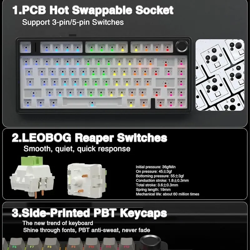 Clavier mécanique de jeu AULA F75 RGB personnalisé, disposition 75 %, gravure latérale, montage à joint, 80 touches, touches PBT dégradées 5