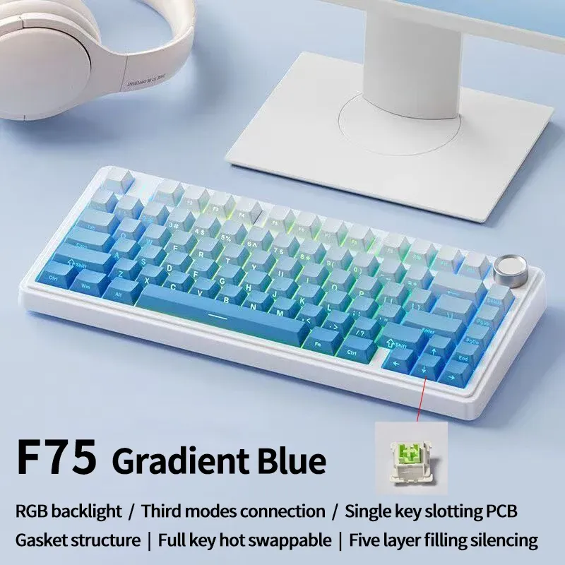 Clavier mécanique de jeu AULA F75 RGB personnalisé, disposition 75 %, gravure latérale, montage à joint, 80 touches, touches PBT dégradées 7