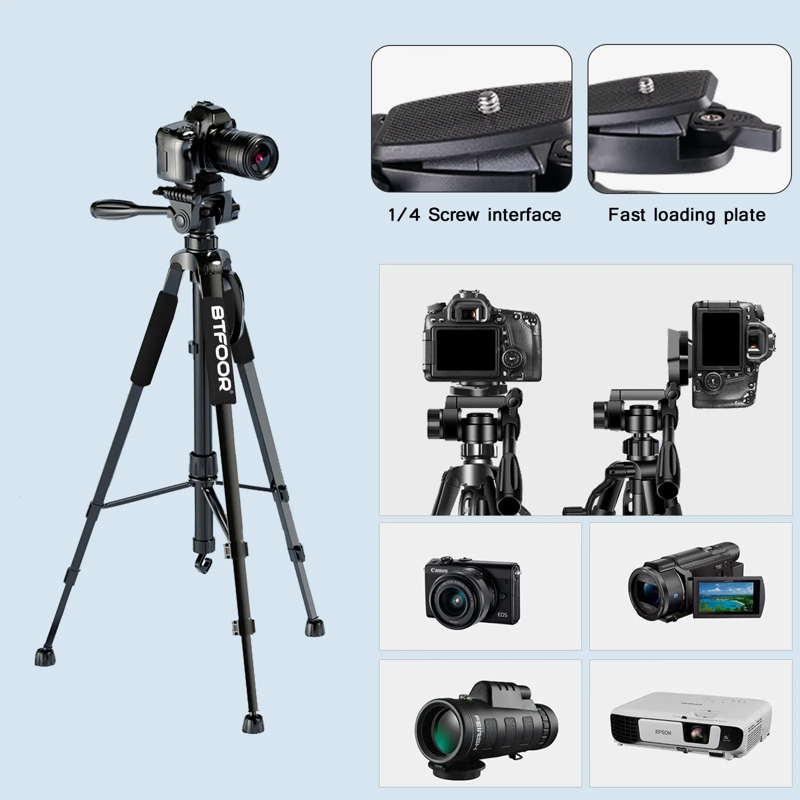 Trépied de voyage en aluminium 140 cm (55 po) pour téléphone et appareil photo, avec plaque à dégagement rapide et tête panoramique, compatible Canon, Nikon et reflex numériques 3