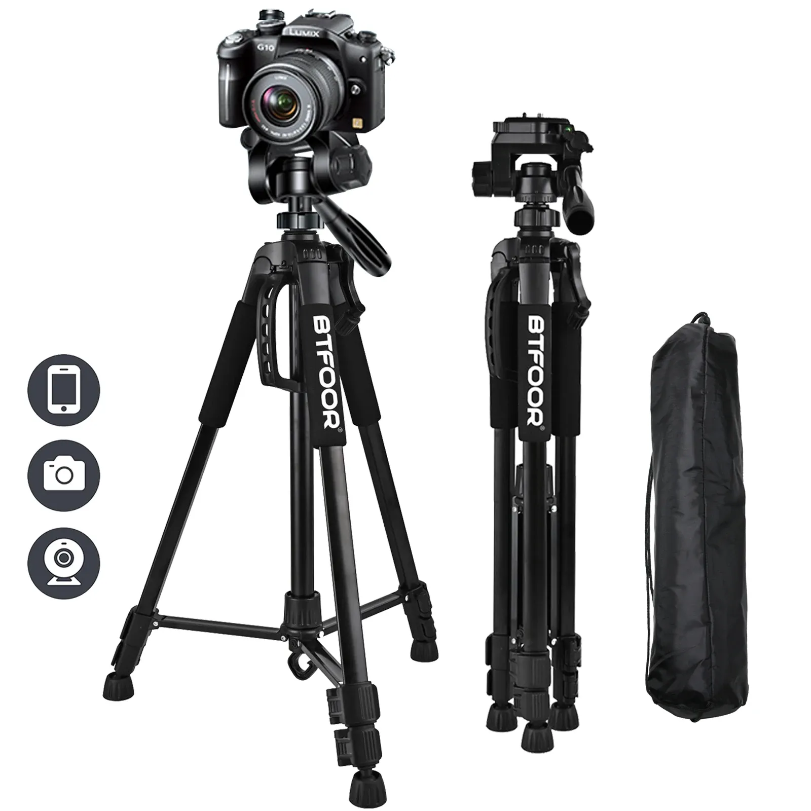 Trépied de voyage en aluminium 140 cm (55 po) pour téléphone et appareil photo, avec plaque à dégagement rapide et tête panoramique, compatible Canon, Nikon et reflex numériques