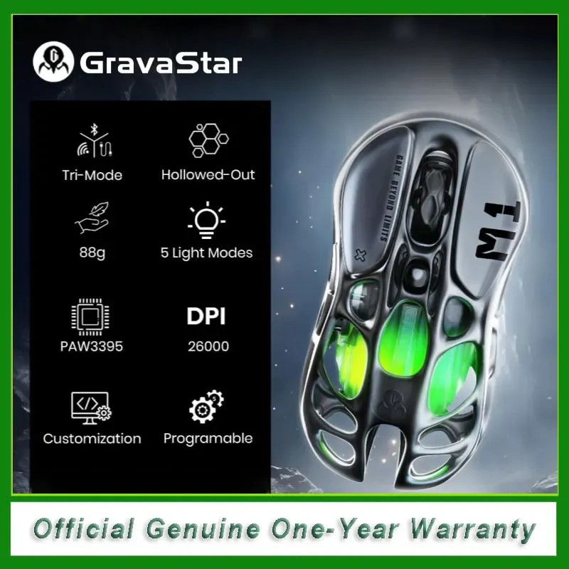 Souris de jeu sans fil GravaStar Mercury M1 Pro 26 000 DPI filaire / 2,4 GHz / Bluetooth GLOWSYNC RGB - Image 1