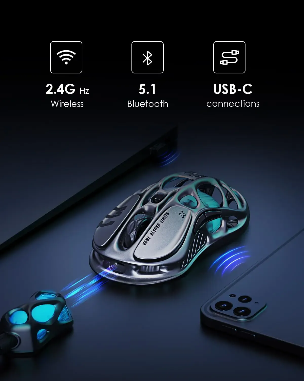Souris de jeu sans fil GravaStar Mercury M1 Pro 26 000 DPI filaire / 2,4 GHz / Bluetooth GLOWSYNC RGB 3