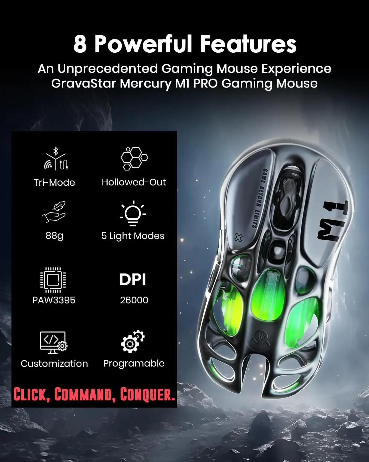 Souris de jeu M1 Pro GravaStar, vue détaillée
