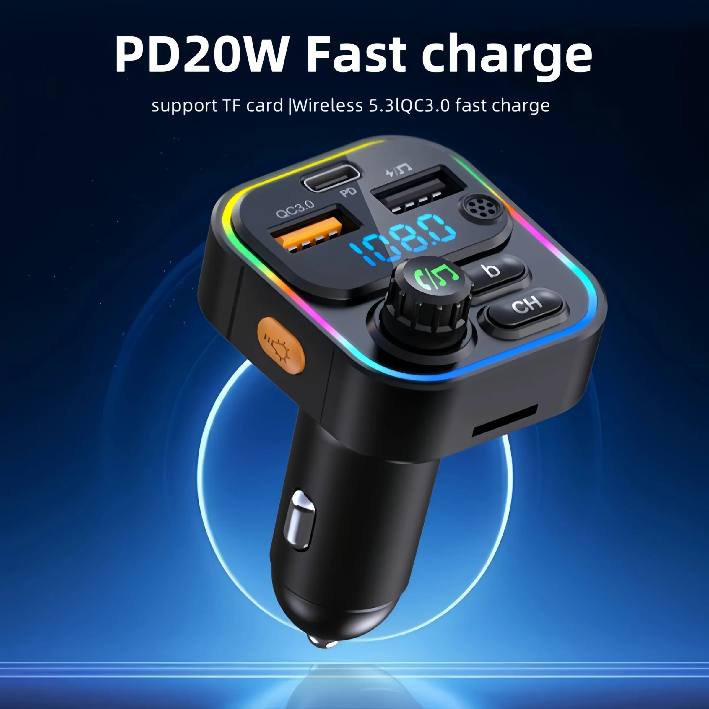 Transmetteur FM Bluetooth 5.3 pour voiture avec kit mains libres, lecteur MP3 et chargeur rapide PD 20 W / QC 3.0 2
