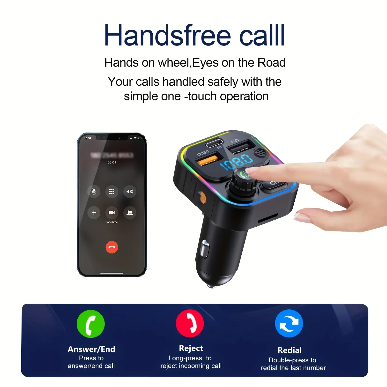 Transmetteur FM Bluetooth 5.3 pour voiture avec kit mains libres, lecteur MP3 et chargeur rapide PD 20 W / QC 3.0 3