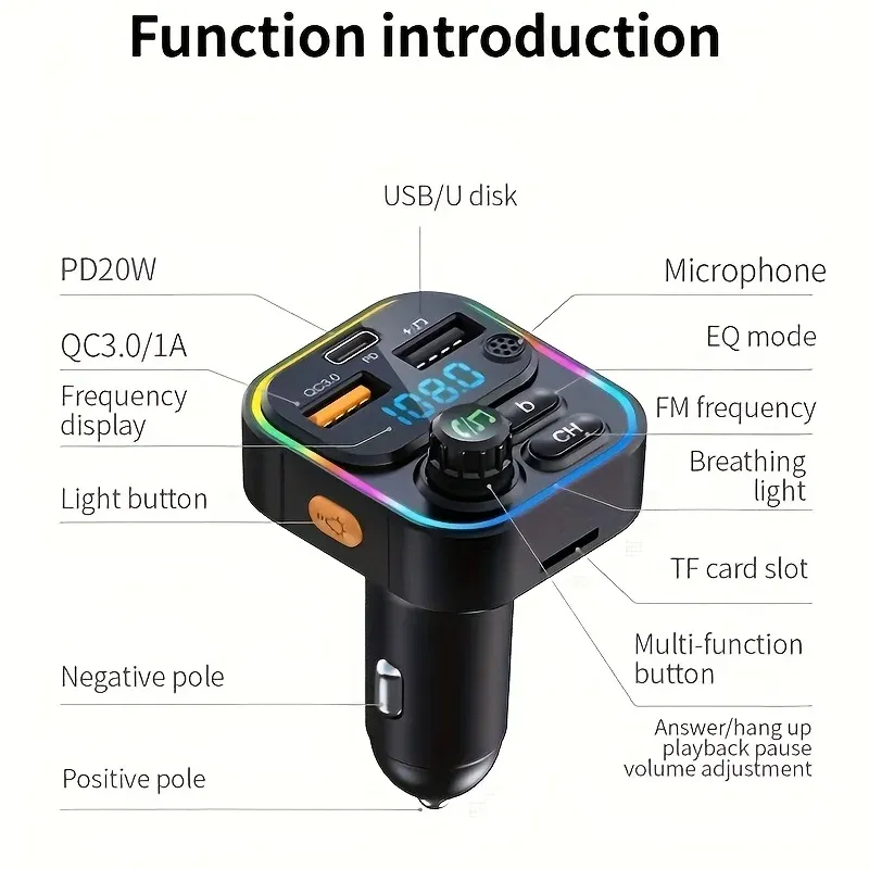 Transmetteur FM Bluetooth 5.3 pour voiture avec kit mains libres, lecteur MP3 et chargeur rapide PD 20 W / QC 3.0 6