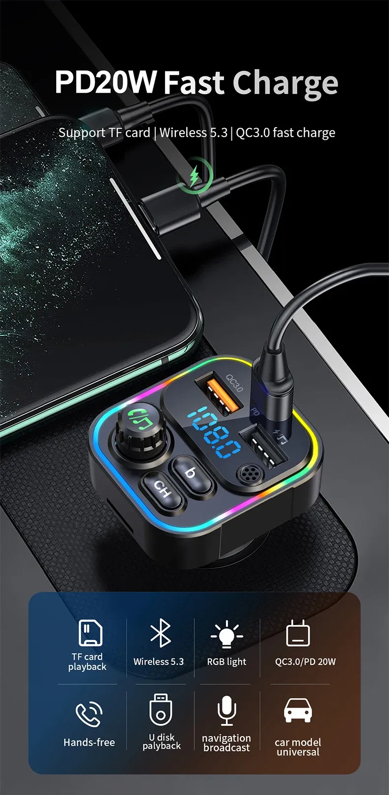 Vue détaillée du transmetteur FM Bluetooth pour voiture