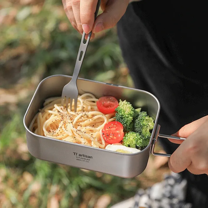Tiartisan – Boîte à déjeuner monocouche en titane, boîte à repas durable pour camping en plein air, boîte bento portable et légère, récipient alimentaire 6