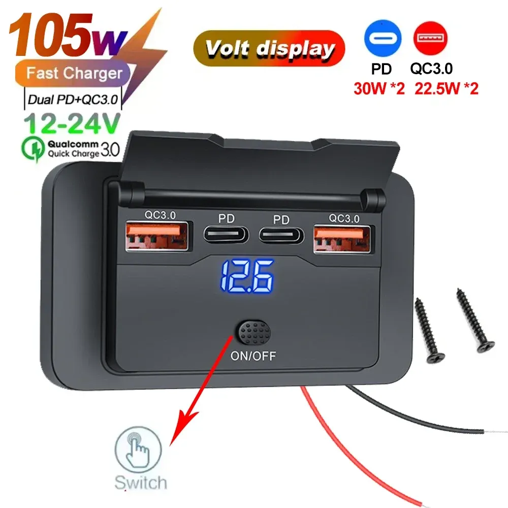 Adaptateur allume-cigare 2/4 ports avec interrupteur, 12 V / 24 V, charge rapide PD et QC 3.0, pour voiture, camping-car et bateau