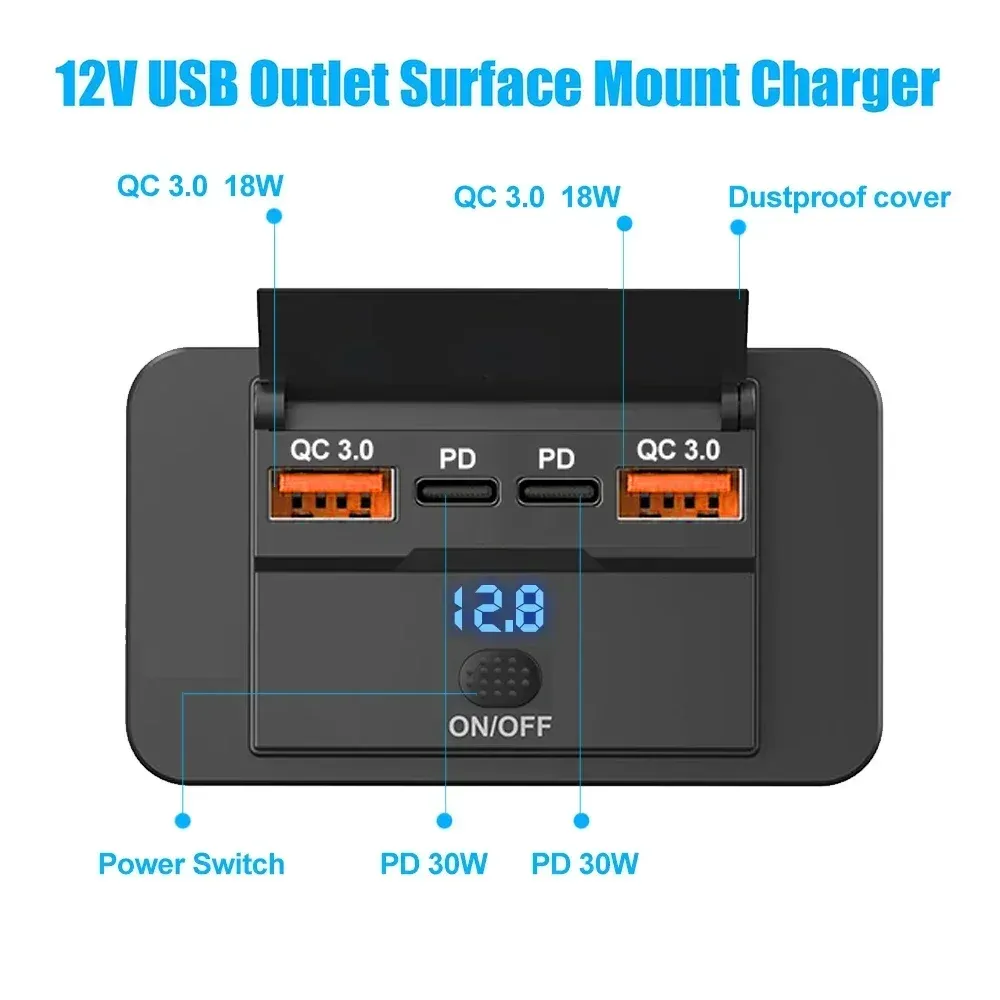 Adaptateur allume-cigare 2/4 ports avec interrupteur, 12 V / 24 V, charge rapide PD et QC 3.0, pour voiture, camping-car et bateau 2