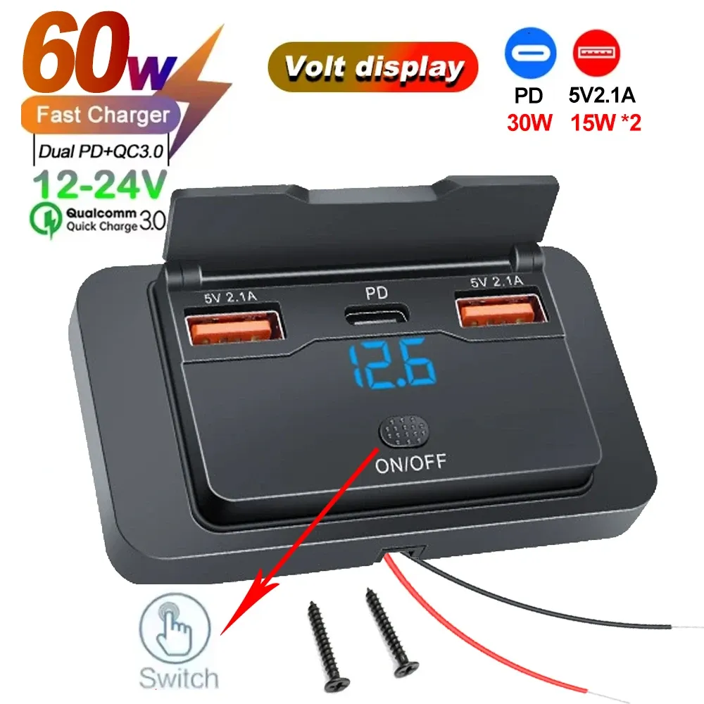 Adaptateur allume-cigare 2/4 ports avec interrupteur, 12 V / 24 V, charge rapide PD et QC 3.0, pour voiture, camping-car et bateau 8