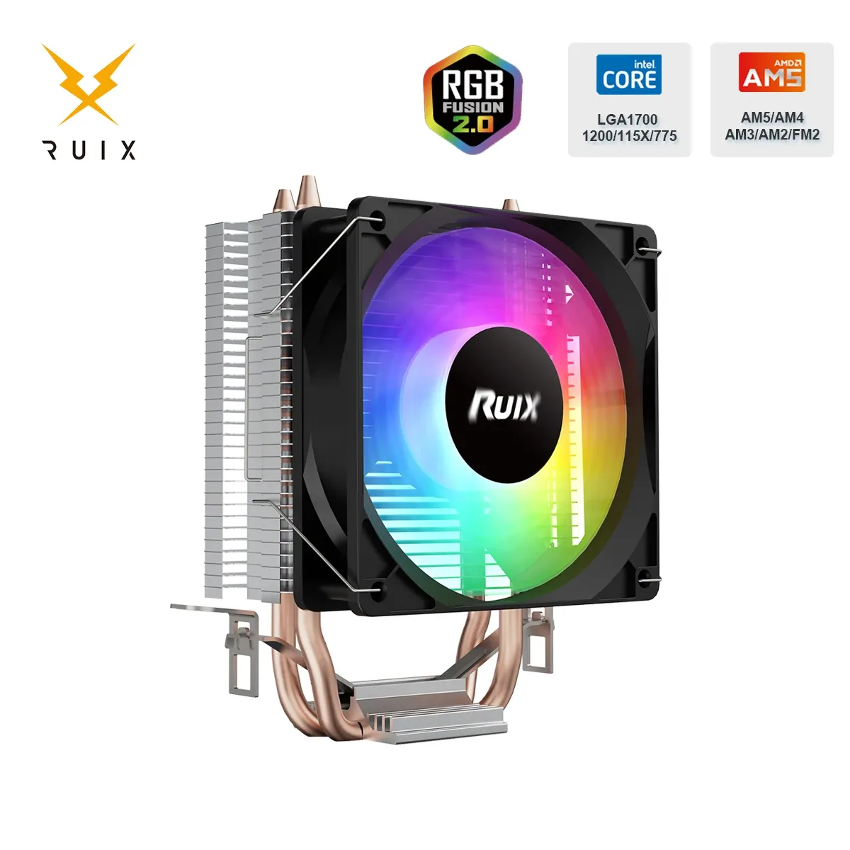 Ventilateur de refroidissement CPU Ruix X2000 Air, 2 caloducs, RGB Rainbow, connecteur 3 broches, silencieux, compatible Intel 115X/1200/1700 et AMD AM4/AM5