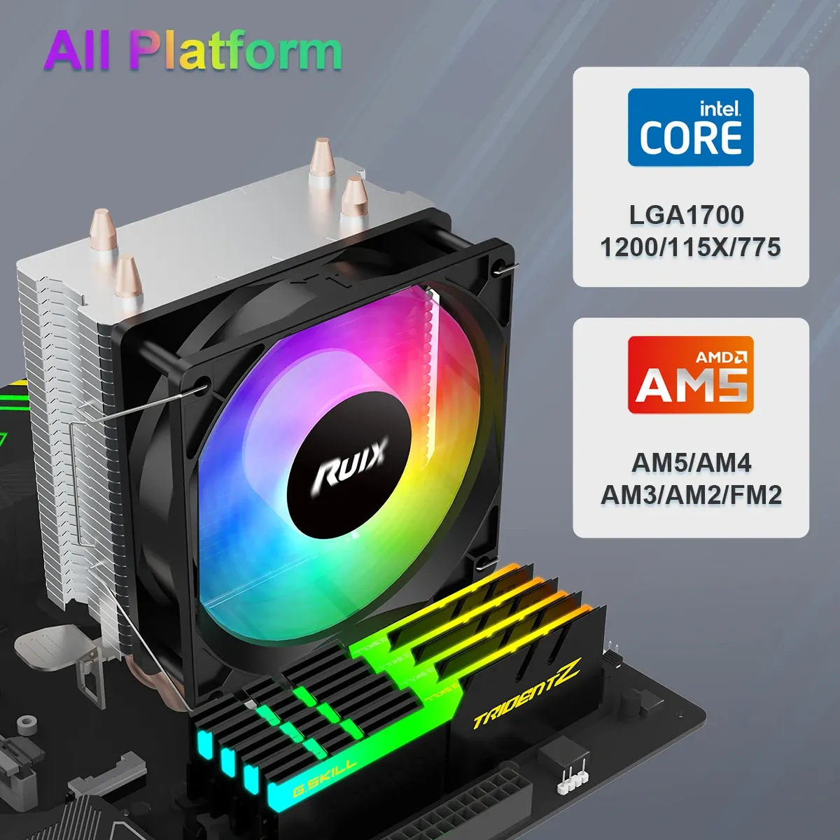 Ventilateur de refroidissement CPU Ruix X2000 Air, 2 caloducs, RGB Rainbow, connecteur 3 broches, silencieux, compatible Intel 115X/1200/1700 et AMD AM4/AM5 2