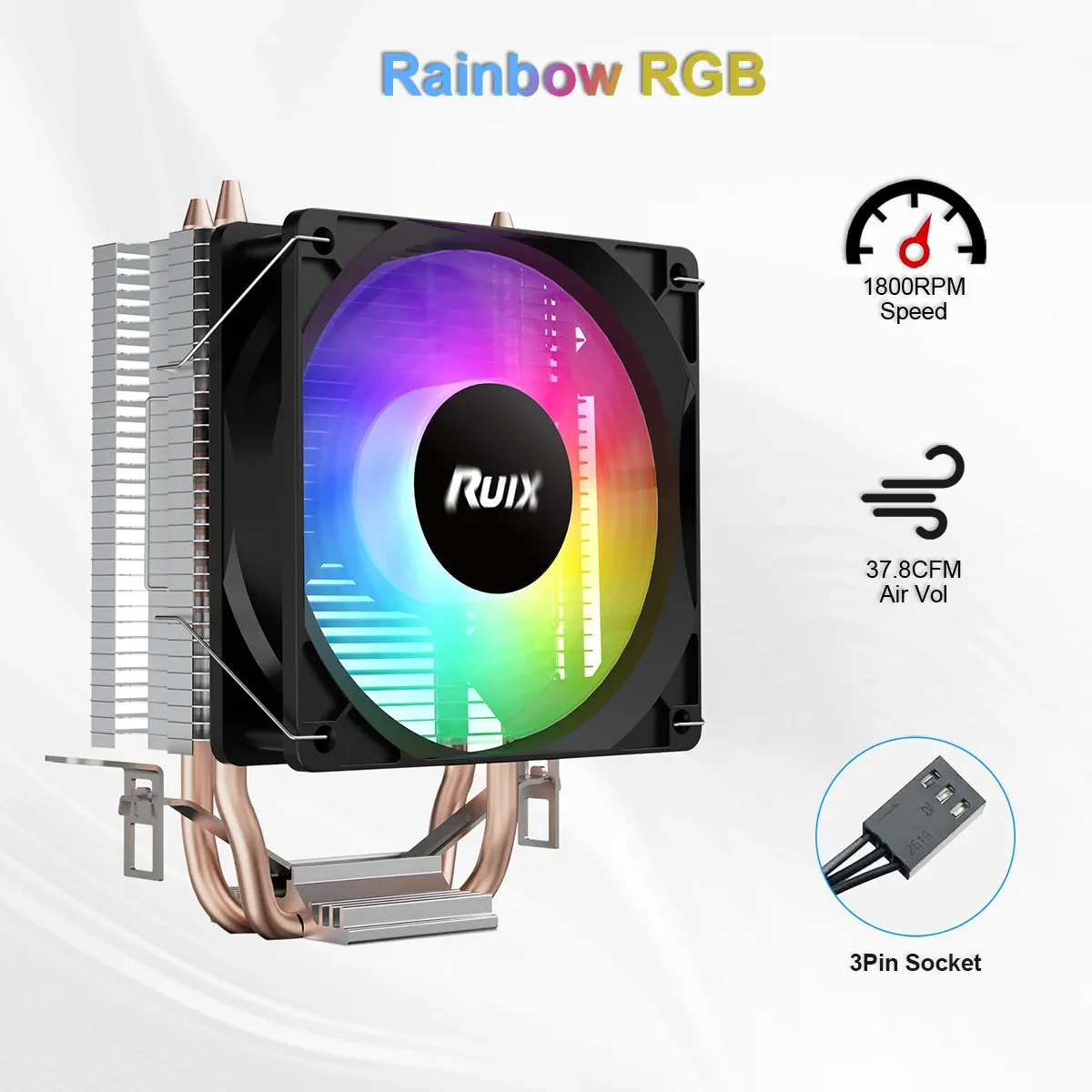 Ventilateur de refroidissement CPU Ruix X2000 Air, 2 caloducs, RGB Rainbow, connecteur 3 broches, silencieux, compatible Intel 115X/1200/1700 et AMD AM4/AM5 4