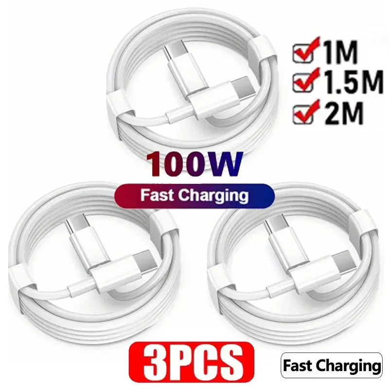 Lot de 3 câbles USB-C vers USB-C PD 100 W à charge rapide et transfert de données pour iPhone 17, iPhone 15, iPhone 15 Pro, Huawei, Samsung, Xiaomi – Blanc, 1 m, 2 m