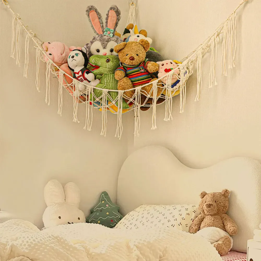 Hamac mural d'angle en coton tissé pour le rangement des jouets et peluches, forme animal pour enfants 3