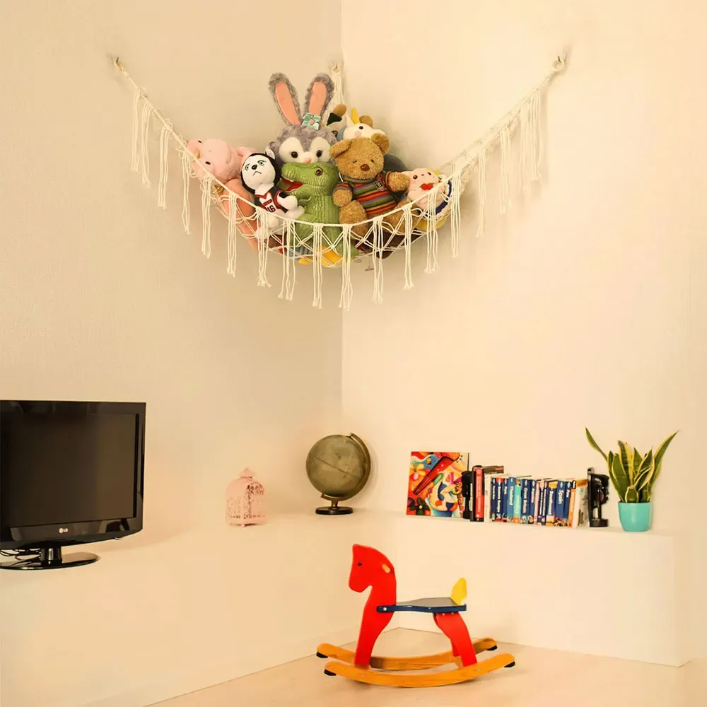 Hamac mural d'angle en coton tissé pour le rangement des jouets et peluches, forme animal pour enfants 4
