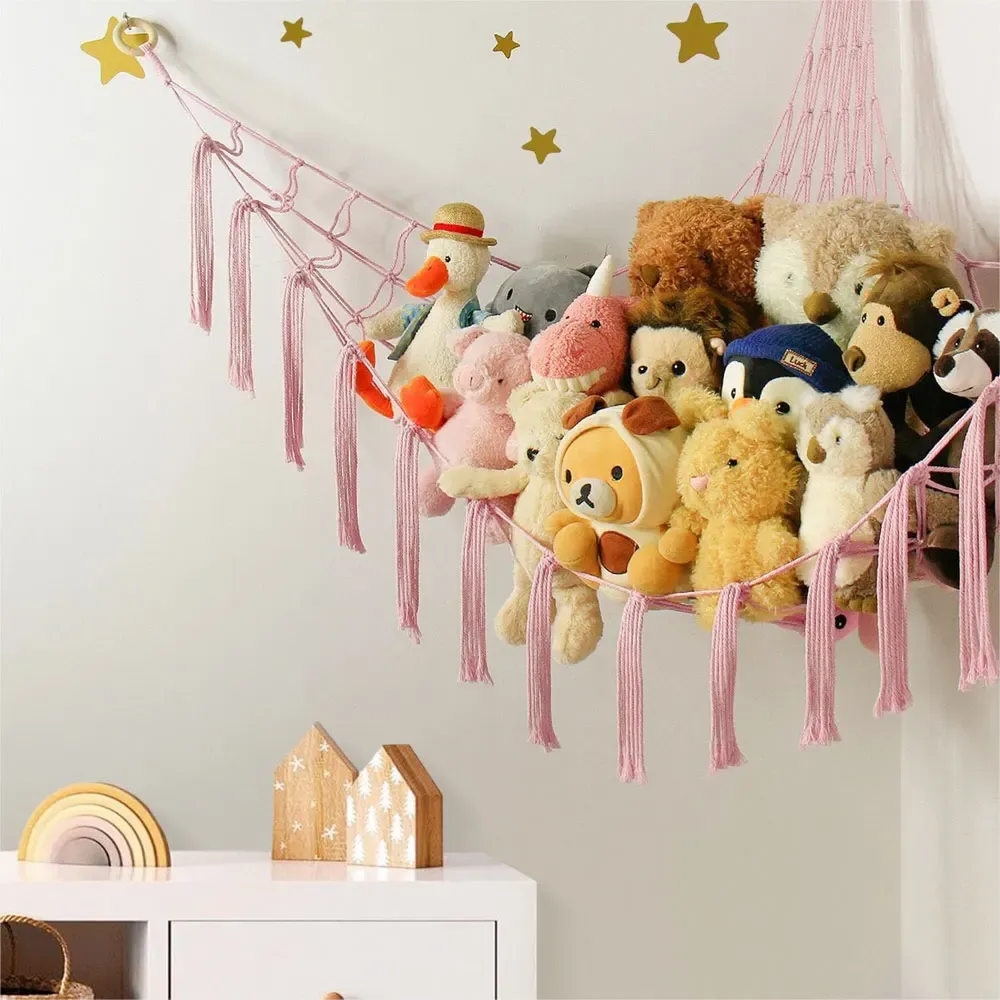 Hamac mural d'angle en coton tissé pour le rangement des jouets et peluches, forme animal pour enfants 5