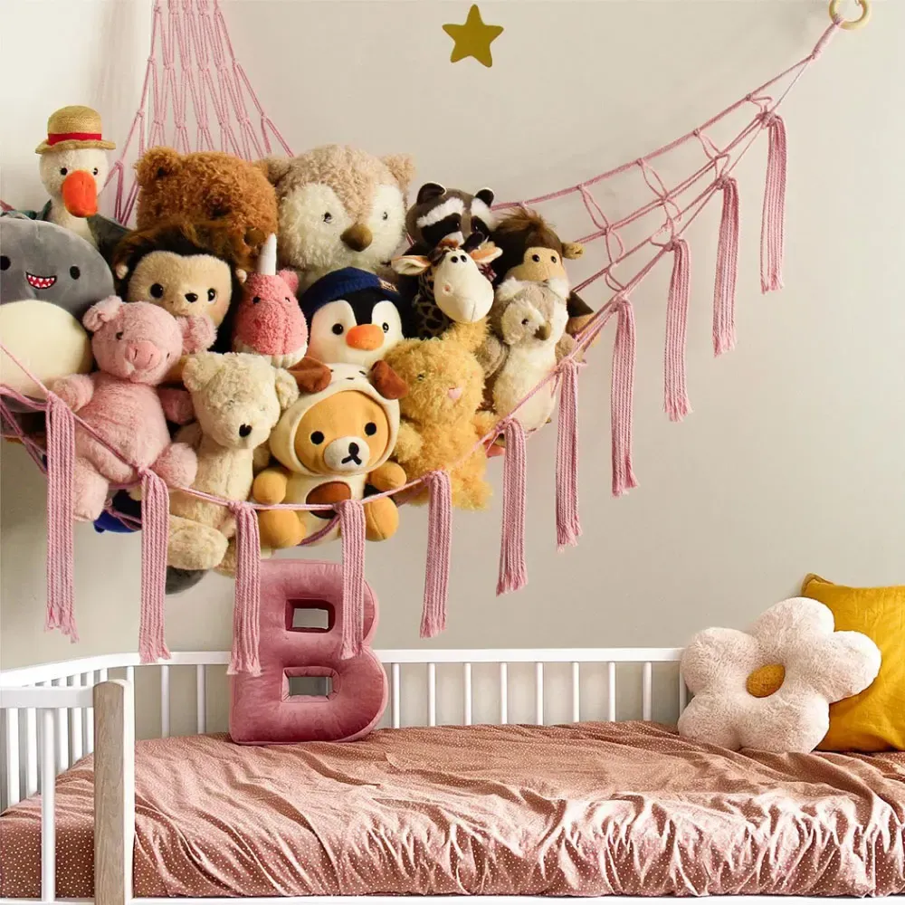 Hamac mural d'angle en coton tissé pour le rangement des jouets et peluches, forme animal pour enfants 6