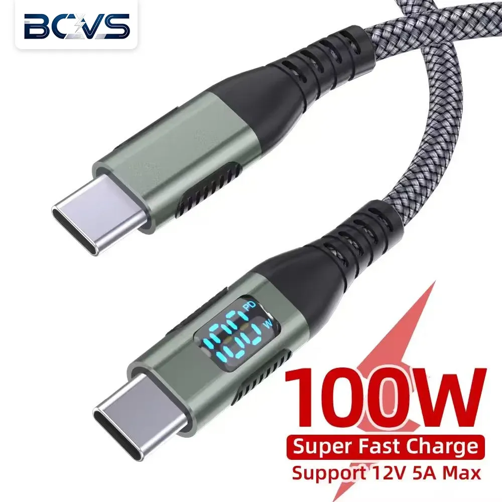 Câble USB-C vers USB-C BCVS, 100 W, avec écran numérique, charge rapide, câble de données tressé en nylon, type C, PD 100 W, compatible iPhone et Samsung Galaxy.