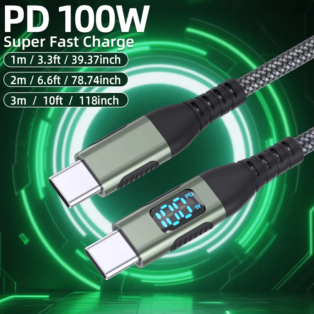 Câble USB-C vers USB-C BCVS, 100 W, avec écran numérique, charge rapide, câble de données tressé en nylon, type C, PD 100 W, compatible iPhone et Samsung Galaxy. 2