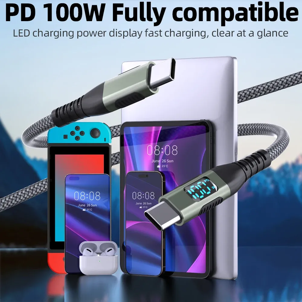 Câble USB-C vers USB-C BCVS, 100 W, avec écran numérique, charge rapide, câble de données tressé en nylon, type C, PD 100 W, compatible iPhone et Samsung Galaxy. 3