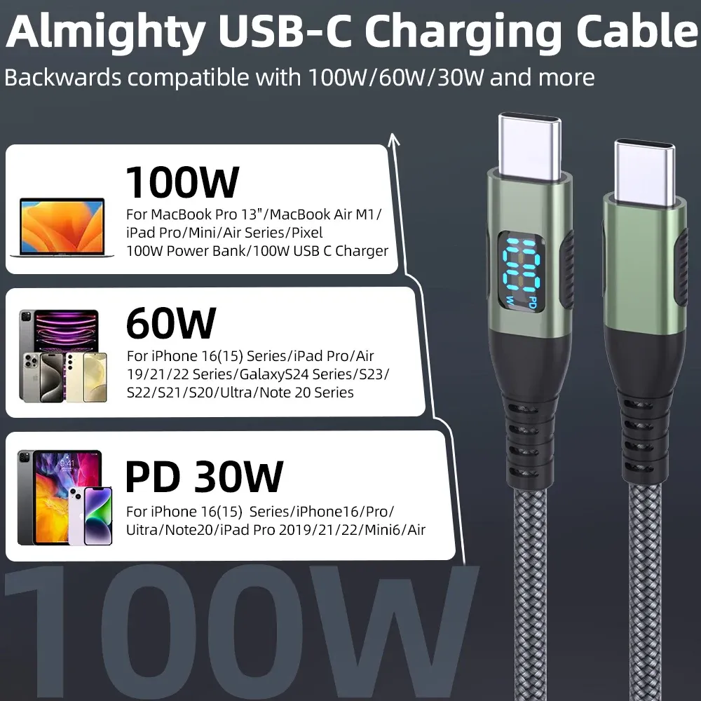Câble USB-C vers USB-C BCVS, 100 W, avec écran numérique, charge rapide, câble de données tressé en nylon, type C, PD 100 W, compatible iPhone et Samsung Galaxy. 5