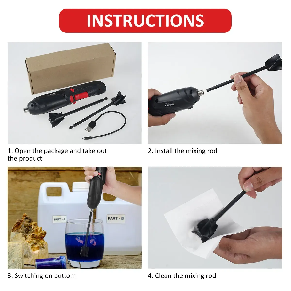 Mélangeur électrique USB portatif pour résine époxy, avec 2 palettes d'agitation, compatible perceuses à mandrin 1/4 de pouce 3