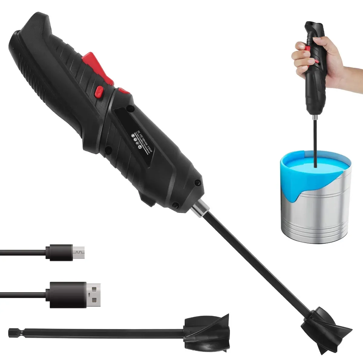 Mélangeur électrique USB portatif pour résine époxy, avec 2 palettes d'agitation, compatible perceuses à mandrin 1/4 de pouce 7