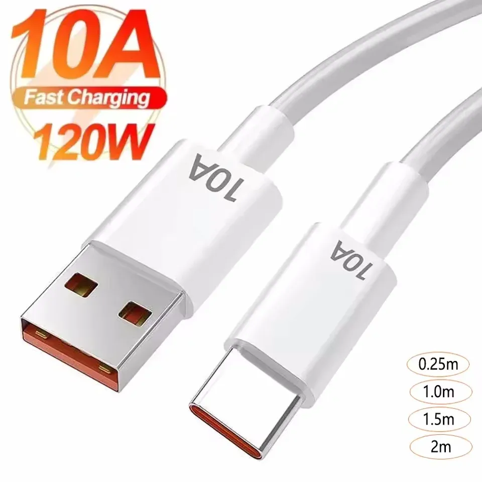 Câble USB vers USB-C 120W 10A pour charge rapide, longueurs 0,3 m / 1 m / 1,5 m / 2 m, compatible Android, Huawei P30, Honor et Xiaomi Redmi