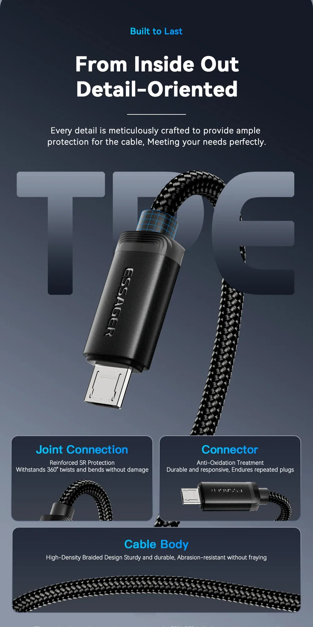 Câble Micro USB Essager, détails de finition