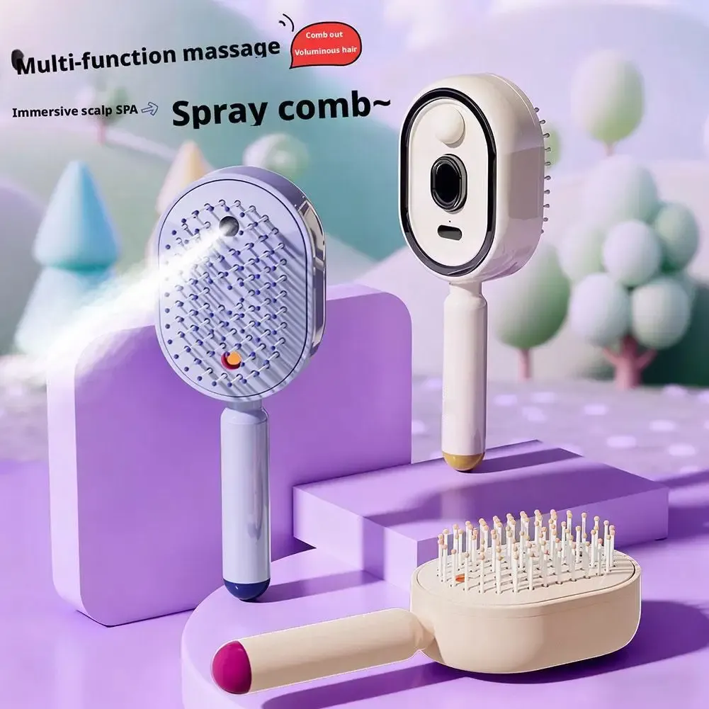 Peigne de massage électrique 3-en-1 à coussin d'air avec pulvérisateur, brosse vapeur rechargeable pour huiles essentielles et fonction auto-nettoyante 3