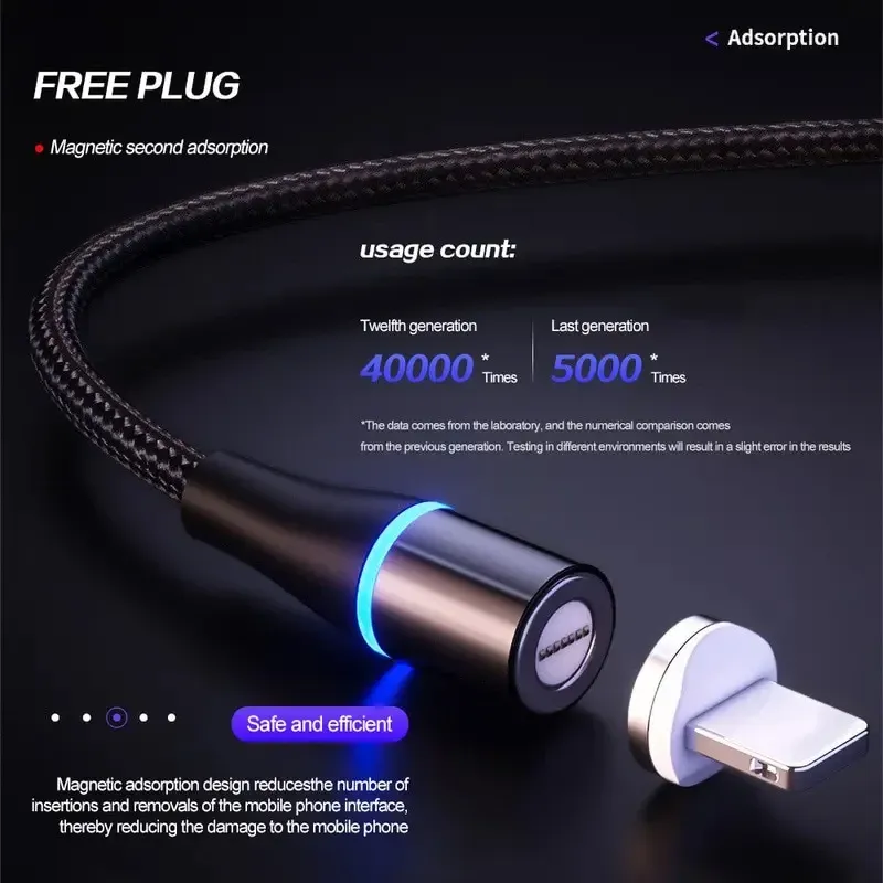 Câble de charge magnétique 3 en 1 ultra-rapide 5 A pour smartphone, compatible iPhone, Android, Huawei et USB-C, avec éclairage LED 2