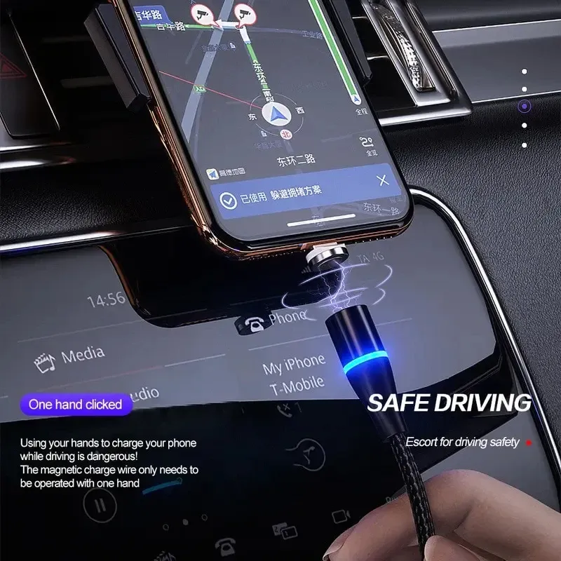 Câble de charge magnétique 3 en 1 ultra-rapide 5 A pour smartphone, compatible iPhone, Android, Huawei et USB-C, avec éclairage LED 5