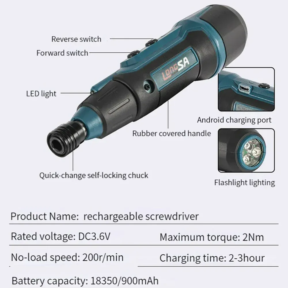 Tournevis électrique sans fil 2 Nm 3,6 V 200 tr/min rechargeable 6