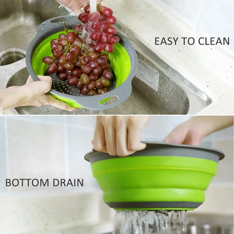 Panier égouttoir pliant en silicone, rond, pour légumes et fruits, lot de 2 2